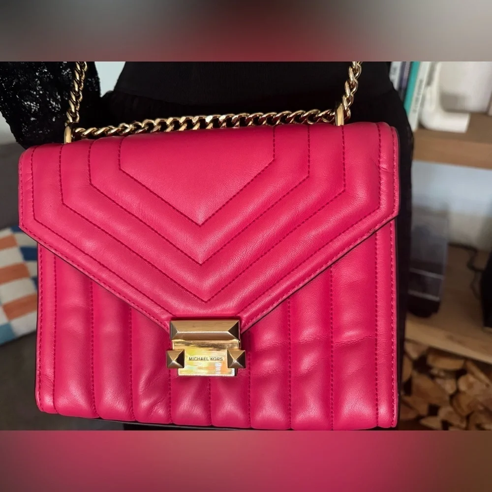 Michael Kors Whitney Medium Flap Chain Shoulder Bag Handbag Purse Electric Pink